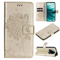 Per Redmi Note 14 Pro / 14 Pro+ 5G Custodia in pelle con motivo in rilievo a forma di albero e gatto (oro)