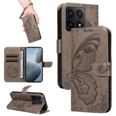 Per Xiaomi 14T Custodia per telefono in pelle goffrata con farfalla a coda di rondine (grigio)