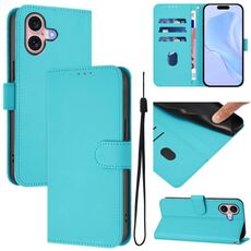 Per iPhone 16 Custodia in pelle tinta unita con cordino (blu lago)