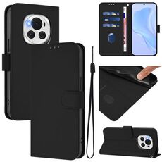 Custodia per telefono in pelle tinta unita For Honor Magic6 Skin Feel con cordino (nero)