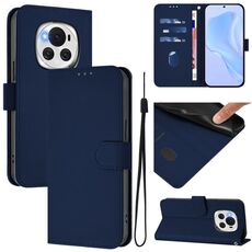 Custodia per telefono in pelle tinta unita For Honor Magic6 Skin Feel con cordino (blu navy)
