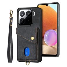Custodia pieghevole in pelle con cinturino per Xiaomi 15 Retro Card Wallet (nera)