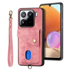 Custodia pieghevole in pelle con cinturino per Xiaomi 15 Retro Card Wallet (rosa)