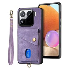 Custodia in pelle pieghevole con cinturino per Xiaomi 15 Retro Card Wallet (viola)
