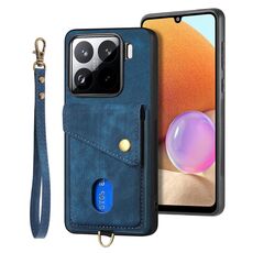 Custodia pieghevole in pelle con cinturino per Xiaomi 15 Pro Retro Card Wallet (blu)