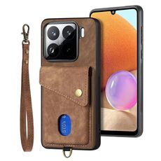 Custodia in pelle pieghevole con cinturino per Xiaomi 15 Pro Retro Card Wallet (marrone)