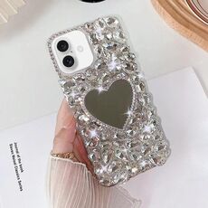 Per iPhone 16 Plus Custodia per telefono PC con strass scintillanti fatti a mano e specchio (amore grigio argento)