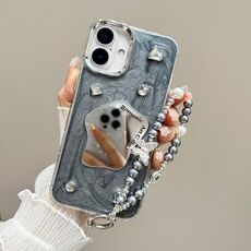 Per iPhone 16 Custodia per telefono in TPU con catena a specchio color crema (grigio argento)