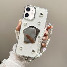 Per iPhone 12 Custodia per telefono in TPU con catena e bracciale a specchio color crema (beige)
