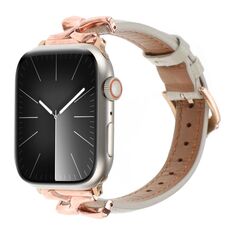 Per Apple Watch 46mm / 49mm / 45mm / 44mm Cinturino per orologio in vera pelle con fibbia a forma di X e trama a pois (beige)