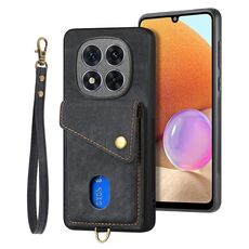 Custodia pieghevole in pelle con cinturino per Xiaomi Redmi Note 14 Pro 5G, portafoglio retrò con carte di credito (nero)