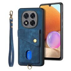 Custodia in pelle con cinturino per Xiaomi Redmi Note 14 Pro 5G, portafoglio retrò con carte di credito e chiusura a scatto (blu)
