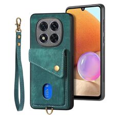 Custodia in pelle con cinturino per Xiaomi Redmi Note 14 Pro 5G, portafoglio retrò con carte di credito (verde)
