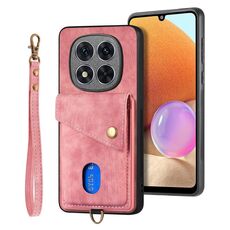 Custodia in pelle pieghevole con cinturino per Xiaomi Redmi Note 14 Pro 5G, portafoglio retrò con carte di credito (rosa)