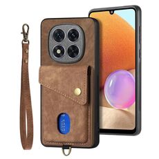 Custodia in pelle pieghevole con cinturino per Xiaomi Redmi Note 14 Pro+ 5G, portafoglio retrò con carte di credito (marrone)
