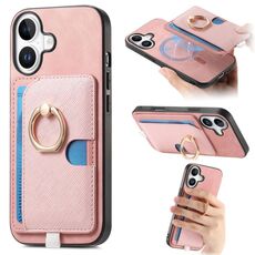 Custodia per iPhone 16 Plus con inserto laterale in pelle con anello a croce retrò e tasca porta carte MagSafe (rosa)