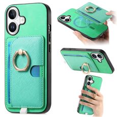 Custodia per iPhone 16 Plus con inserto laterale in pelle con anello a croce retrò e tasca porta carte MagSafe (verde)