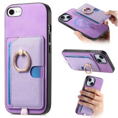 Custodia per iPhone 7/8/SE 2022 con inserto laterale in pelle a croce retrò e anello, con tasca porta carte MagSafe (viola)