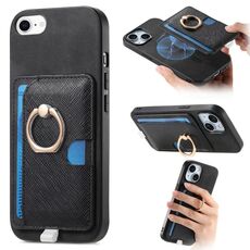 Custodia per iPhone 7/8/SE 2022 con inserto laterale in pelle a croce retrò, con anello, per carte di credito e MagSafe (nera)