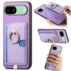 Custodia per telefono con inserto laterale in pelle con anello a croce retrò per Google Pixel 7a, MagSafe (viola)
