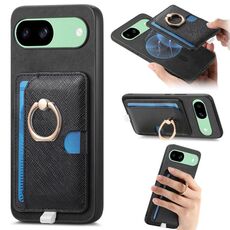 Custodia per telefono con inserto laterale in pelle con anello a croce retrò per Google Pixel 7a MagSafe (nera)