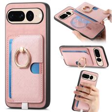 Custodia per telefono con inserto laterale in pelle con anello a croce retrò per Google Pixel 7 Pro MagSafe (rosa)