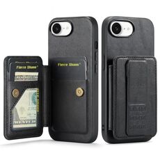 Per iPhone 16e Fierre Shann Oil Wax Cow Leather Card Holder Back Phone Case (Nero)