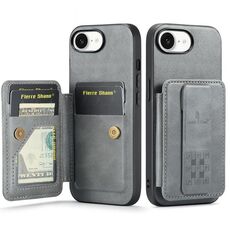 Per iPhone 16e Fierre Shann Oil Wax Pelle di mucca Porta carte Custodia per telefono posteriore (grigio)