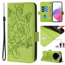 Custodia antifurto in pelle RFID con motivo a rose in rilievo per Xiaomi 15 Ultra (verde)