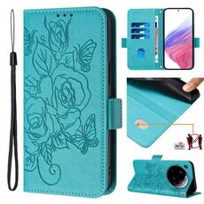 Custodia antifurto in pelle RFID con motivo a rose in rilievo per Xiaomi 15 Ultra (blu chiaro)