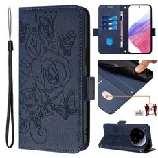 Custodia antifurto in pelle RFID con motivo a rose in rilievo per Xiaomi 15 Ultra (blu scuro)
