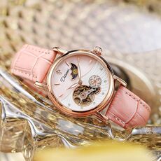 Orologio meccanico completamente automatico Dulunwe 6023C impermeabile 30m, colore: oro rosa, pelle rosa