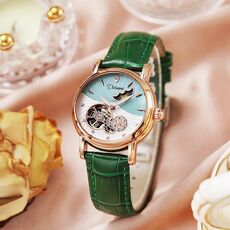 Orologio meccanico completamente automatico Dulunwe 6023C impermeabile 30 m, colore: oro rosa, pelle, verde