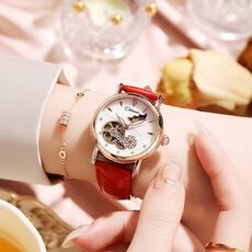 Orologio meccanico completamente automatico Dulunwe 6023C impermeabile 30m, colore: oro rosa, pelle, rosso