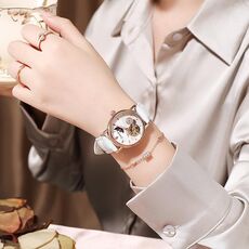 Orologio meccanico completamente automatico Dulunwe 6023C impermeabile 30m, colore: oro rosa, pelle, bianco