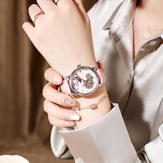 Orologio meccanico completamente automatico Dulunwe 6023C impermeabile 30m, colore: pelle naturale rosa