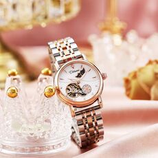 Orologio meccanico completamente automatico Dulunwe 6023C impermeabile 30m, colore: cinturino in acciaio oro rosa bianco
