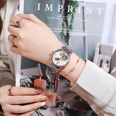 Orologio meccanico completamente automatico Dulunwe 6023C impermeabile 30m, colore: cinturino in acciaio naturale bianco
