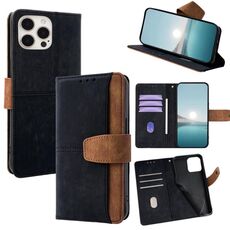 Per iPhone 15 Pro Max Custodia per telefono con blocco RFID in pelle con cuciture colorate (nero)