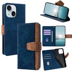 Per iPhone 14 Custodia per telefono con blocco RFID in pelle con cuciture colorate (blu)