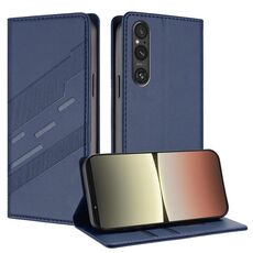 Per Sony Xperia 1 V 2023 Custodia per telefono in pelle retrò con portafoglio multifunzionale in rilievo (blu scuro)