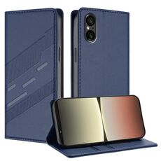 Per Sony Xperia 5 V Custodia per telefono in pelle retrò con portafoglio multifunzionale in rilievo (blu scuro)
