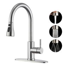 Rubinetto da cucina estraibile a 3 modalità, miscelatore acqua calda/fredda con base (argento spazzolato)
