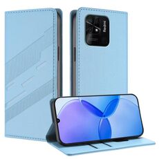 Custodia per telefono in pelle retrò con portafoglio multifunzionale in rilievo per Redmi 10C (blu chiaro)