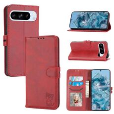 Per Google Pixel 10/10 Pro Custodia in pelle con motivo a gatto felice in rilievo (rosso)