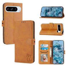 Per Google Pixel 10/10 Pro Custodia in pelle con motivo a gatto felice in rilievo (giallo)