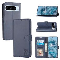 Per Google Pixel 10 Pro XL Custodia in pelle con motivo a gatto felice in rilievo (blu)