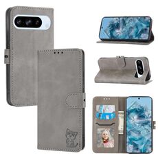 Per Google Pixel 10 Pro XL Custodia in pelle con motivo a gatto felice in rilievo (grigio)
