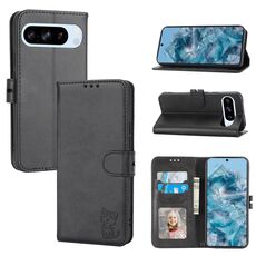 Per Google Pixel 10 Pro XL Custodia in pelle con motivo a gatto felice in rilievo (nero)