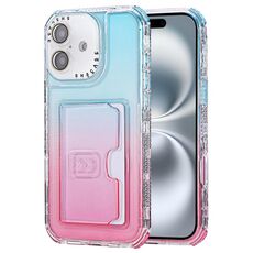 Per iPhone 16 Plus Custodia per telefono con copertura completa in TPU + slot per scheda PC con colore sfumato (azzurro cielo rosa)
